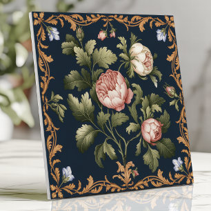 Carreau Vintage Victoria Floral Damask Peonies Navy Blue