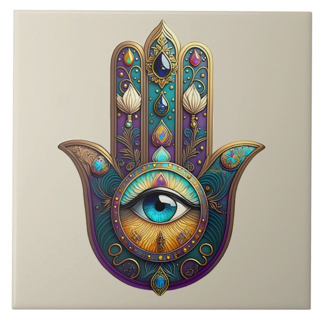 Carreau Violet sarcelle doré Hamsa avec Troisième Œil Turq (Devant)