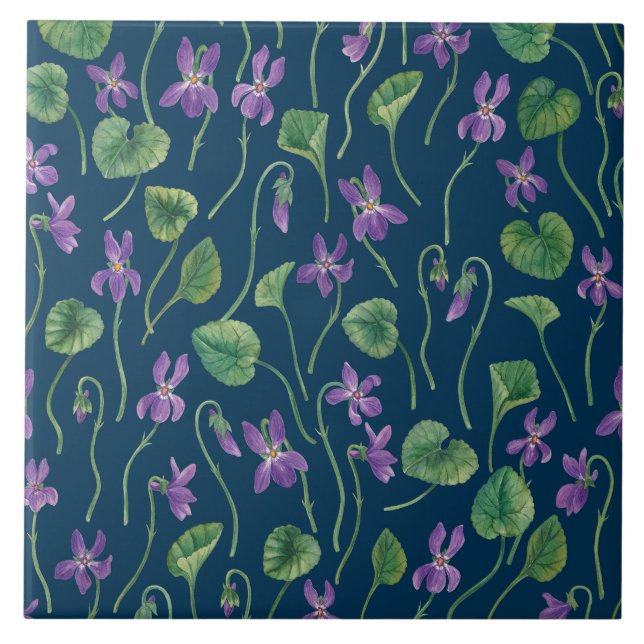 Carreau Violettes à l'aquarelle sur fond bleu (Devant)