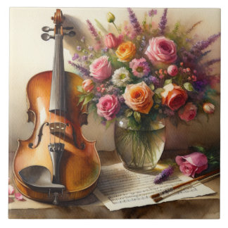 Carreau Violon, Partition et un Vase de Fleurs