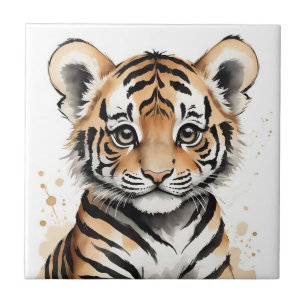 Carreau Visage minimaliste de tigre de bébé en encre et aq