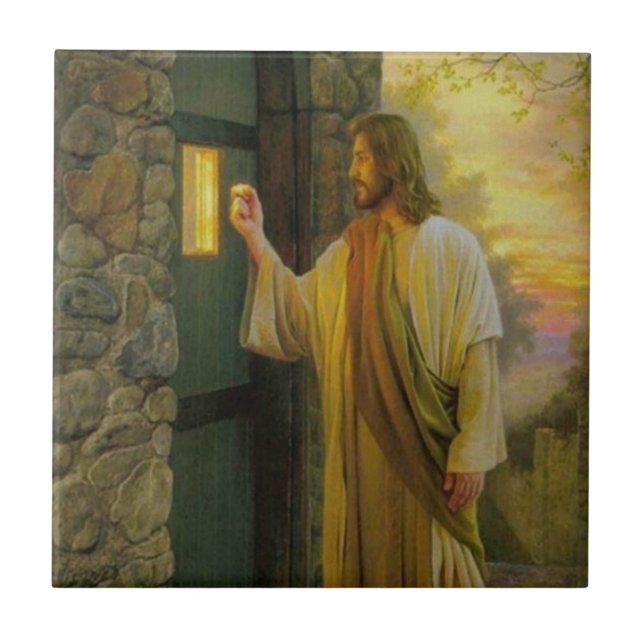 Carreau Visitation à Dawn Jesus frappe sur une porte rusti (Devant)