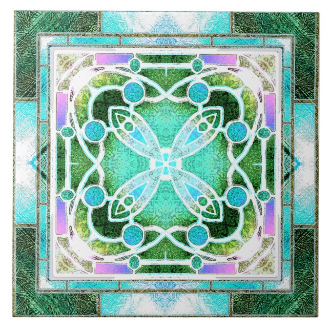 Carreau Vitrail de cathédrale en vert et menthe (Devant)