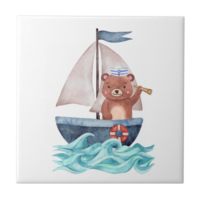 Carreau Voile Ours Aquarelle Nautique Vagues Sea Boy Baby (Devant)