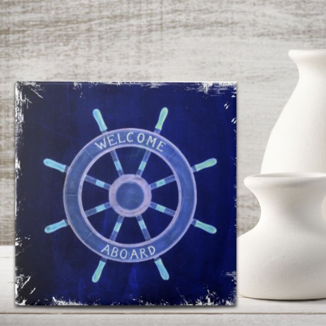 Carreau voilier de la marine nautique de plage (beach nautical navy sailor captain ship wheel ceramic tile)