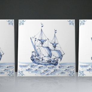 Carreau Voilier Schooner de Style Hollandais Delft Blue