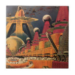 Carreau Voiture volant vintage de science fiction futurist<br><div class="desc">illustration vintage image de science-fiction voyage et transport avec un livre classique retro sci fi milieu urbain avec une ville de l'avenir. Les bâtiments architecturaux sont en forme de cônes et les véhicules volent dans le ciel comme des oiseaux tandis que la foule se déplace à travers la métropole.</div>