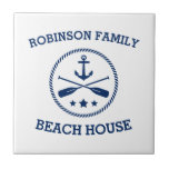 Carreau Votre Beach House Nom de famille Ancre Oars Stars<br><div class="desc">Carreaux en céramique élégante avec votre nom de famille ou autre texte personnalisé,  ancre de bateau nautique personnalisée avec des avirons croisés et étoiles en bleu marine sur blanc ou choisir des couleurs arrière - plans pour correspondre à votre décor.</div>