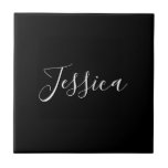 Carreau Votre nom | Élégant script blanc sur noir<br><div class="desc">Votre nom ou tout autre mot en calligraphie élégante.</div>