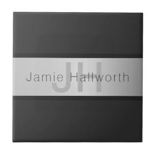 Carreau Votre nom & monogramme Gris & aspect argent faux