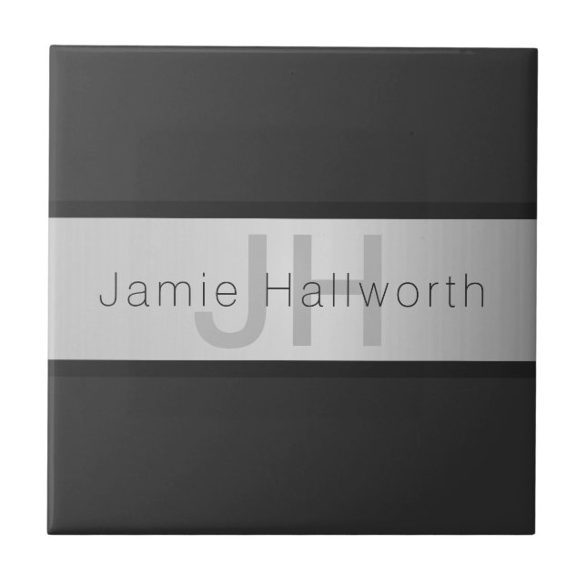 Carreau Votre nom & monogramme | Gris & aspect argent faux (Devant)