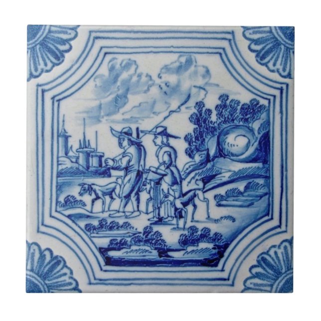 Carreau Voyageurs Pittoresques Animaux Bleu Delft Mur Tuil (Devant)