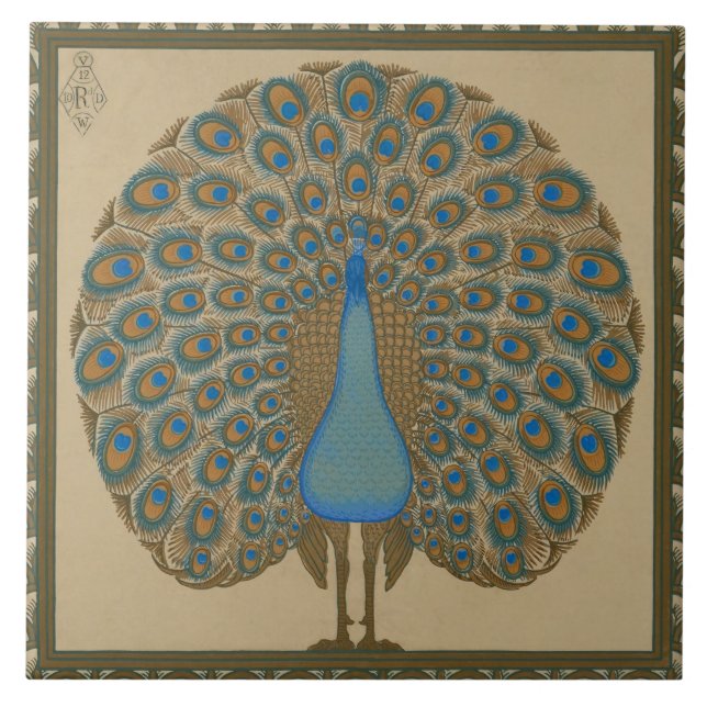 Carreau Walter Crane Blue Peacock avec sa queue écartée (Devant)