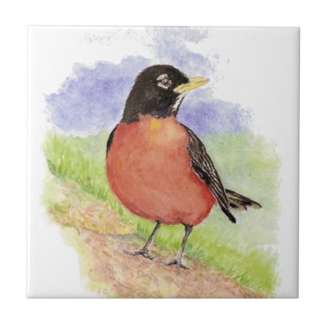 Carreau Watercolor American Robin Wildlife Art (Devant)