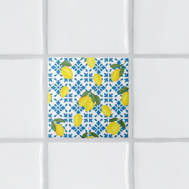 Carreau Watercolor Blue French Country Lemon Pattern Tile (Créateur téléchargé)