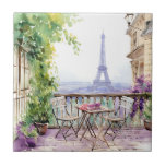 Carreau Watercolor Eiffel Tower Paris French Cafe<br><div class="desc">Watercolor Eiffel Tower Paris French Cafe Decorative Tiles features a watercolor french cafe seating area with Paris and the Eiffel Tower in the background. Created by Evco Studio www.zazzle.com/store/evcostudio</div>