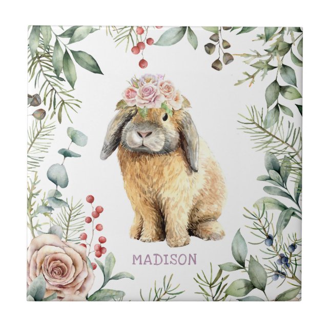 Carreau Watercolor Floral Bunny Rabbit Personalized (Devant)