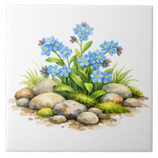 Carreau Watercolor Forget Me Not Flowers by the Rocks