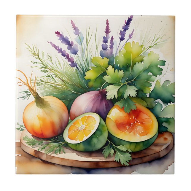 Carreau Watercolor Fresh Herbs Citrus Arrangement (Devant)