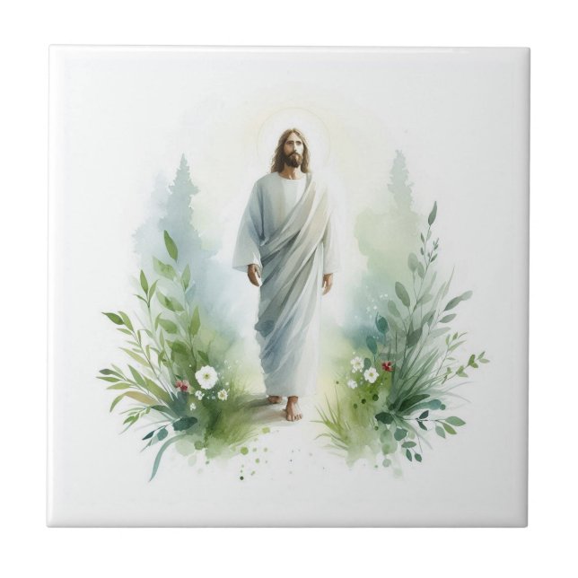 Carreau Watercolor Jesus Christ with Botanical Elements –  (Devant)