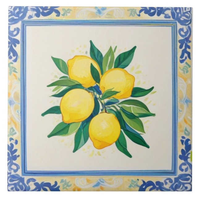 Carreau Watercolor Lemons Blue Green Yellow White Summery (Devant)