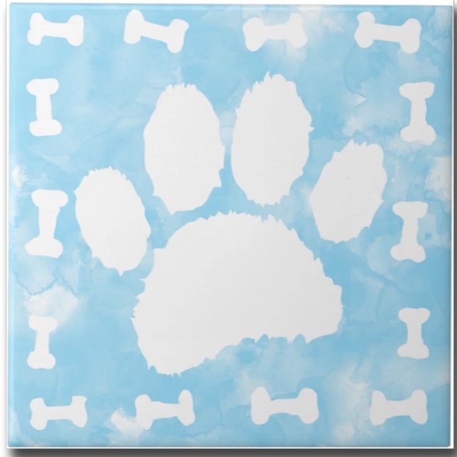 Carreau Watercolor Pet Paw Print and Bones Blue (Créateur téléchargé)