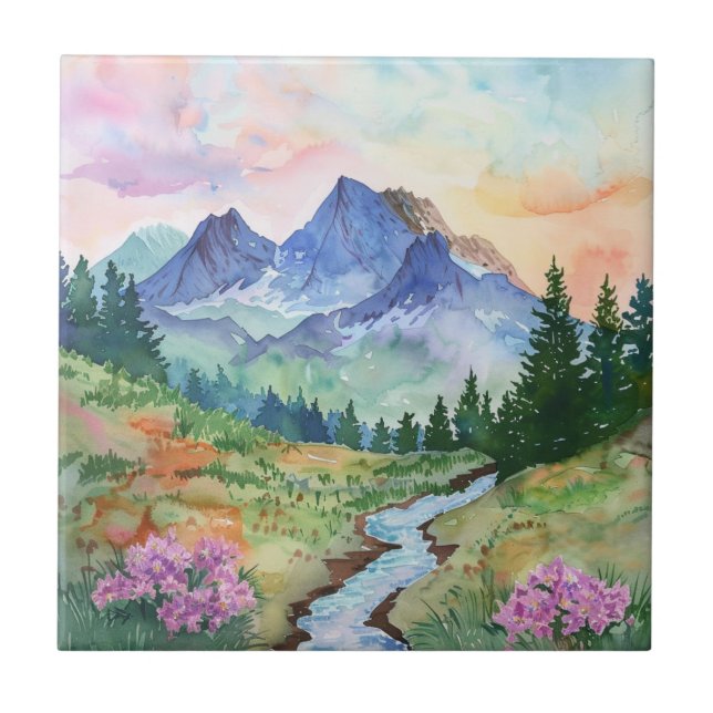 Carreau Watercolor Summer Mountain (Devant)