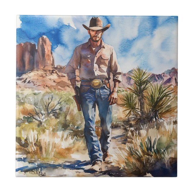 Carreau Watercolour Cowboy in Desert (Devant)