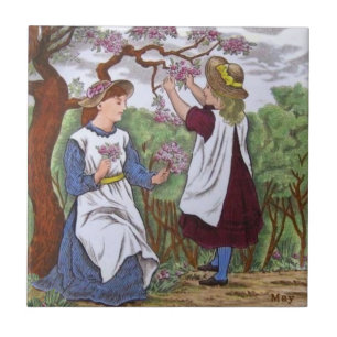 Carreau Wedgwood May Apple Blossoms Girls c1885 Repro