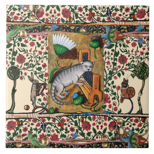 CARREAU WEIRD MÉDIÉVAL BESTIAIRE MUSIQUE, CAT JOUER ORGE (Devant)