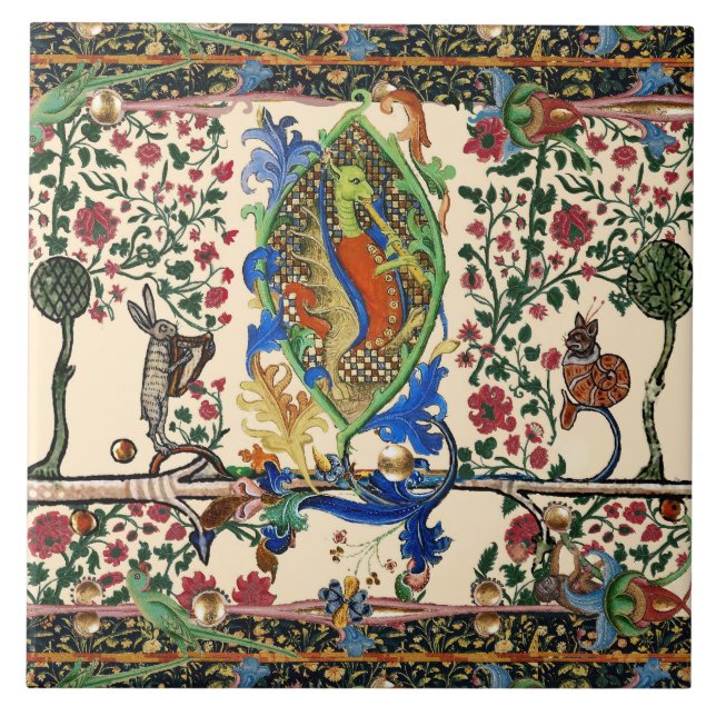 CARREAU WEIRD MÉDIÉVAL BESTIAIRE MUSIQUE, DRAGON JOUER FLU (Devant)