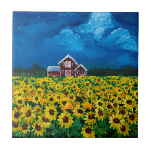 Carreau western country red barn summer sunflower field