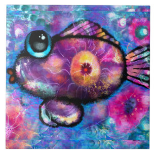 Carreau Whimsical Abstrait Big Eye Poisson Purple Rose Tur