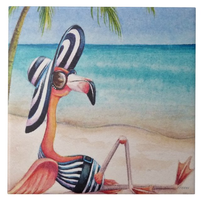 Carreau Whimsical Beach Babe Flamant rose No 1 Aquarelle A (Devant)