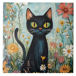 Carreau Whimsical Black Cat avec illustration Fleur sauvag