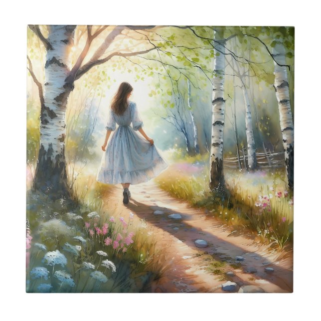 Carreau Whimsical Girl Dancing Through Birch Forest (Devant)