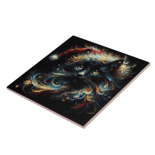 Carreau Whimsical Long Cheveux Chat noir Père Noël Casquet (Côté)