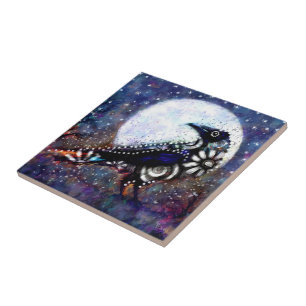 Carreau Whimsical Raven Lune Floral Noir Blanc Bleu