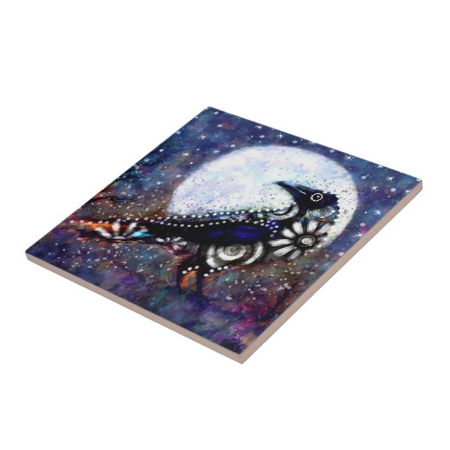 Carreau Whimsical Raven Lune Floral Noir Blanc Bleu (Côté)