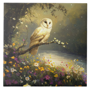 Carreau Whimsical Snowy White Owen Art Fleur sauvage