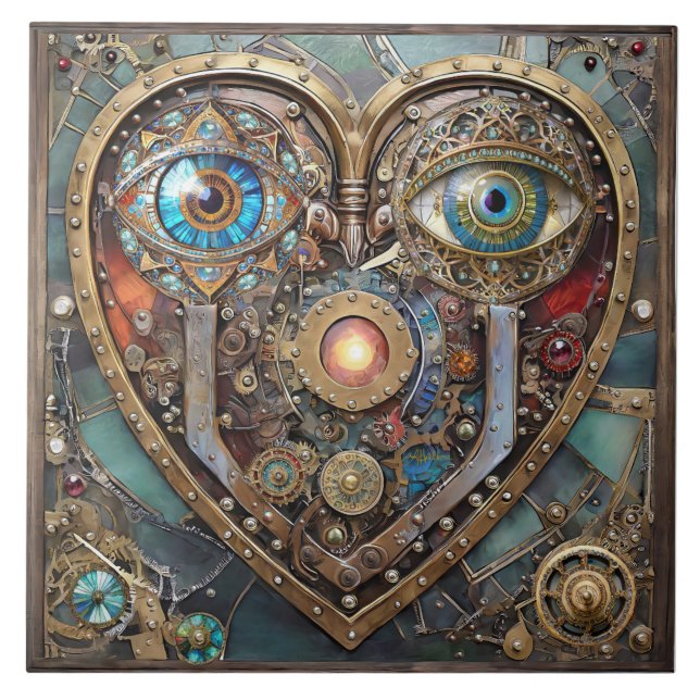 Carreau Whimsical Steampunk Heart I See You I Love You (Devant)
