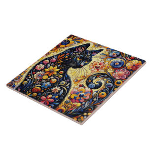 Carreau Whimssal Floral Chat Noir Kitty Jaune Bleu