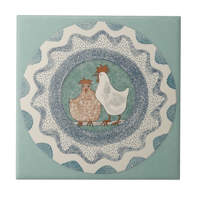 Carreau Whimsy Chickens Mint Blue Terracotta Teal Aqua (Devant)