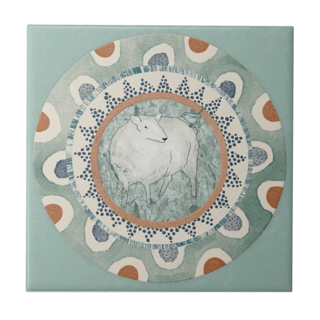 Carreau Whimsy Sheep & Bird Mint Blue Terracotta Aqua (Devant)