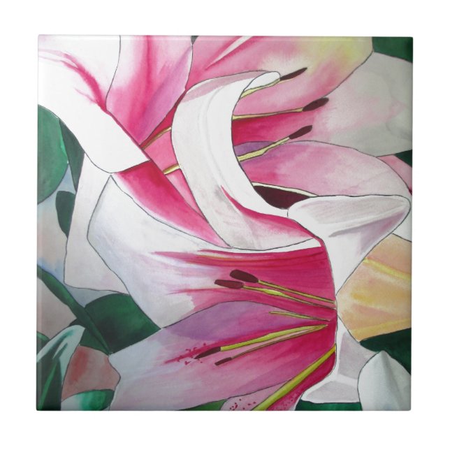 Carreau White and Pink Lily flower watercolor original (Devant)