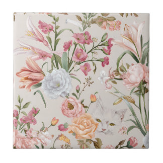 Carreau White Cats Pink Roses Floral 