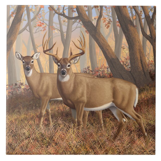 Carreau White Deer Buck & Doe Automne Maple Woods (Devant)