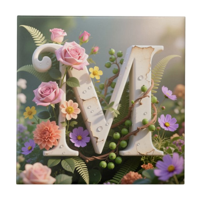 Carreau White Floral Garden Monogram Letter M (Devant)
