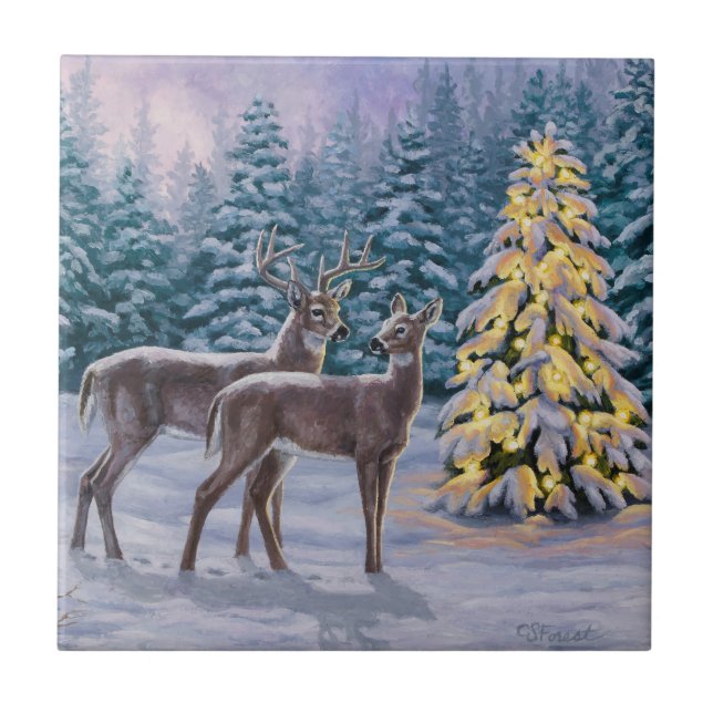Carreau Whitetail Deer & Christmas Tree Scene hivernale (Devant)