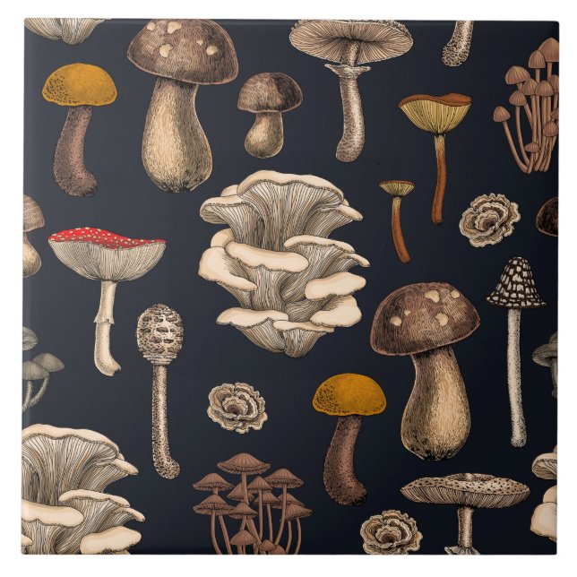 Carreau Wild Mushrooms  on graphite black (Devant)